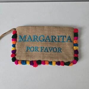 Moyna Burlap Colorful Pom Pom Clutch